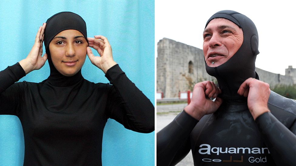 A burkini (modelled on the left) and a wetsuit (modelled by French triathlon champion Pascal Pichon)