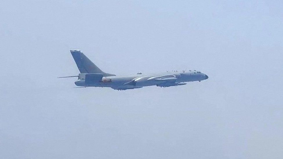 A Chinese aircraft takes part in a military drill near Taiwan