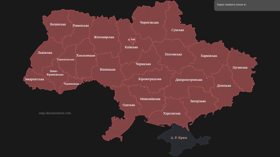 All of Ukraine's regions - except for the annexed Crimea in the south - were marked in red as being under air attack on Monday morning