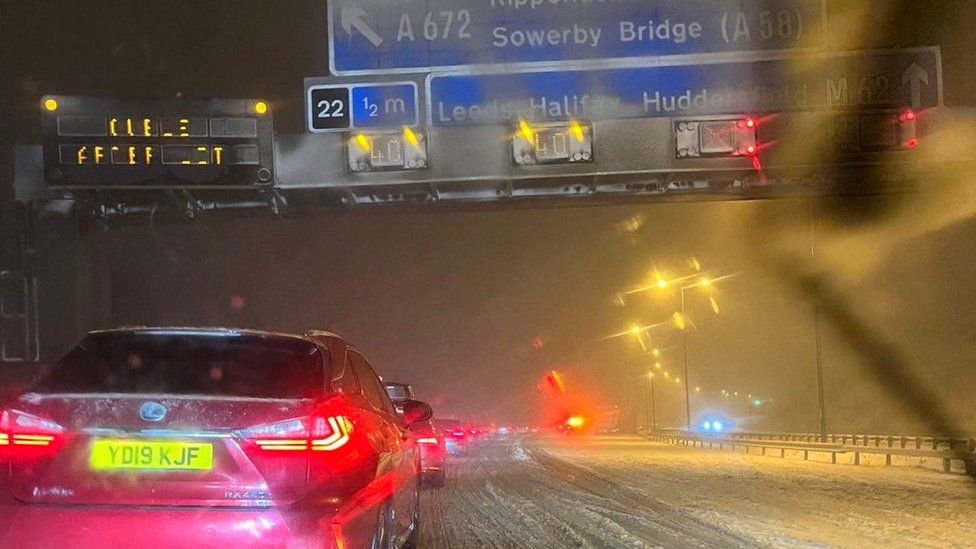 Snow-bound M62 motorway