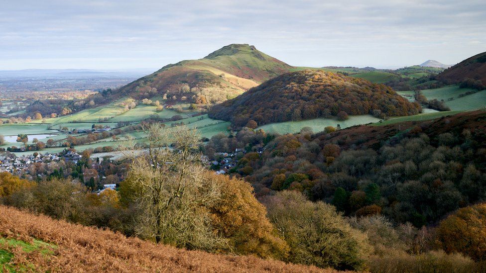 Caer Caradoc and Helmeth Hill as seen from the slopes of the Ragleth, in south Shropshire