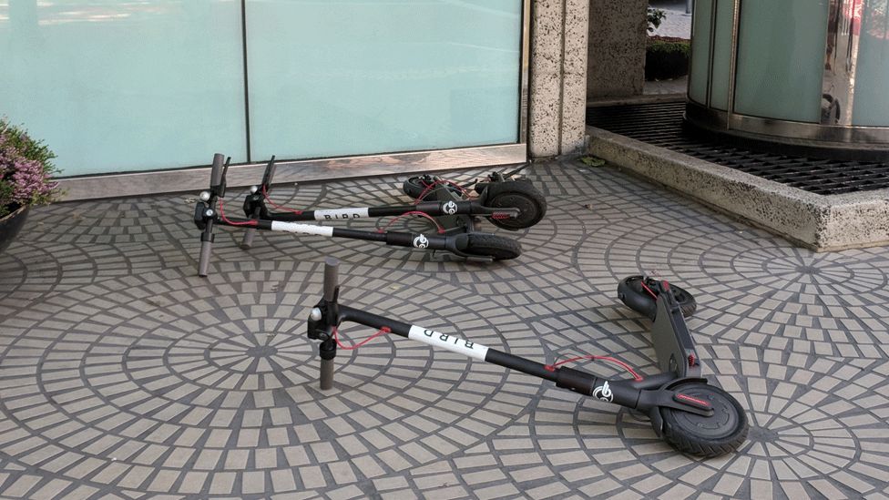 Bird scooters on a street