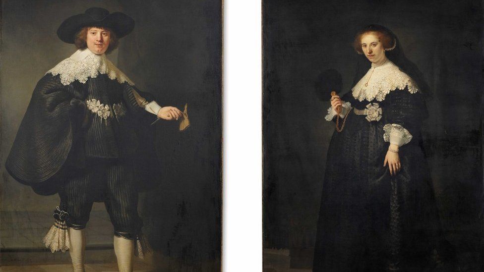 Portrait of Maerten Soolmans (L) (1634) and Portrait of Oopjen Coppit (1634) (R) by Dutch painter Rembrandt