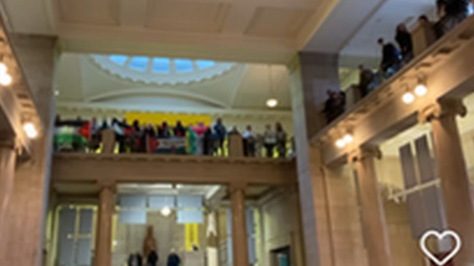 Protesters in National Museum Wales