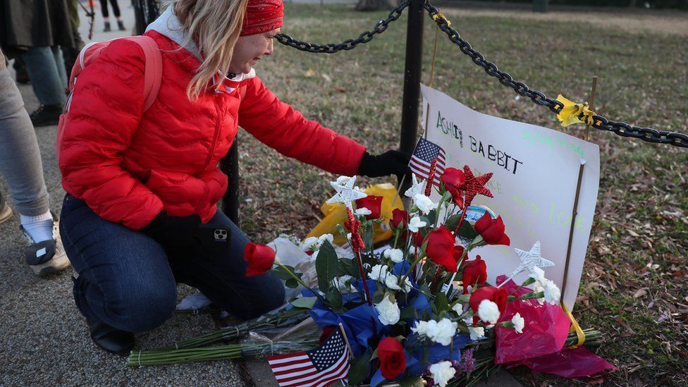 A memorial set up near the US Capitol Building for Ashli Babbitt who was killed in the building after a pro-Trump mob broke in on 7 January 2021
