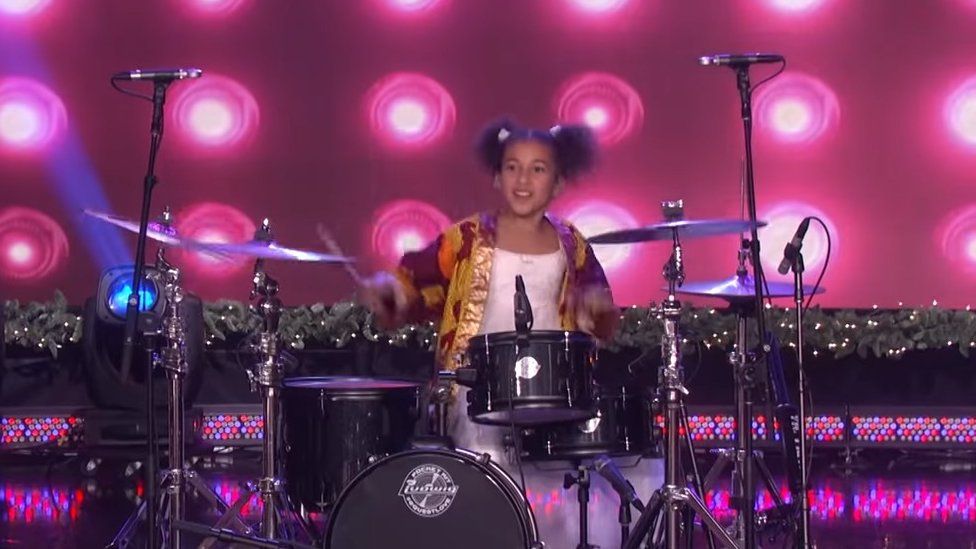 Nandi Bushell playing the drums to Nirvana's In Bloom on The Ellen Show