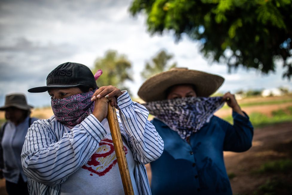 Juana Escalante, left, gets ready for a search near a farm where a horseman reported the smell of decomposition