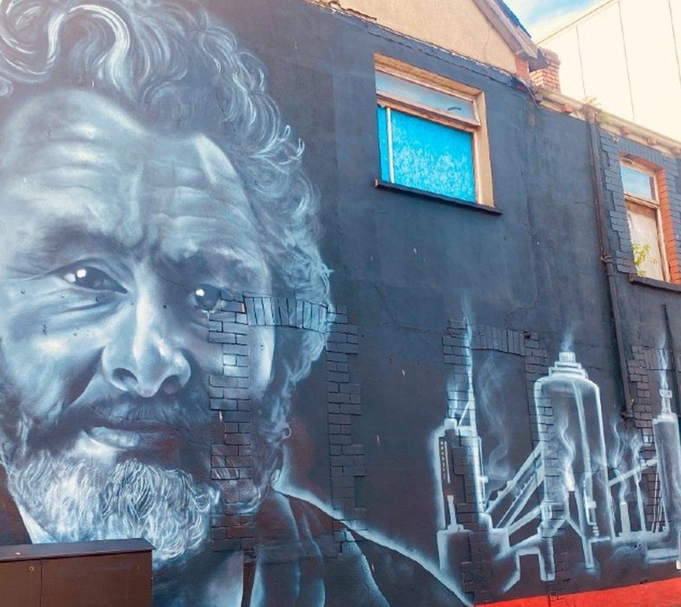 Street art Port Talbot - image of actor Michael Sheen and the steelworks
