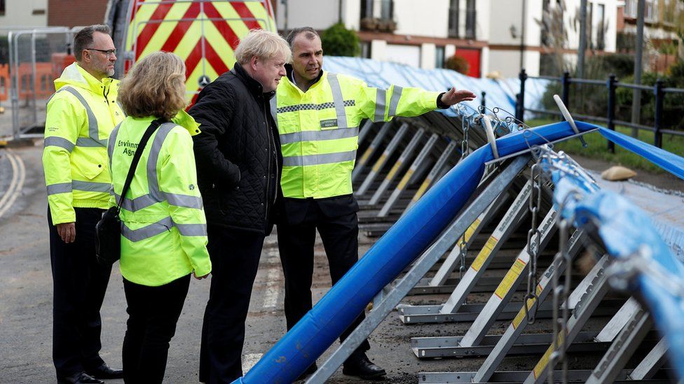 Prime Minister Boris Johnson visits Bewdley in Worcestershire to see recovery efforts following recent flooding in the Severn valley and across the UK