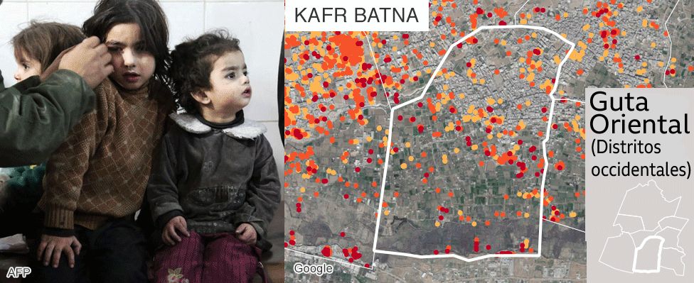 Mapa que muestra los daños en Kafr Batna, Guta Oriental