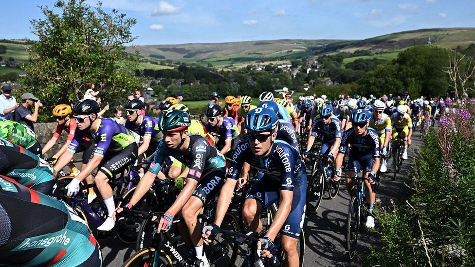 Riders take the first climb of the day, Grains Bar, a Category two climb on the opening stage of the Tour of Britain cycle race in Oldham