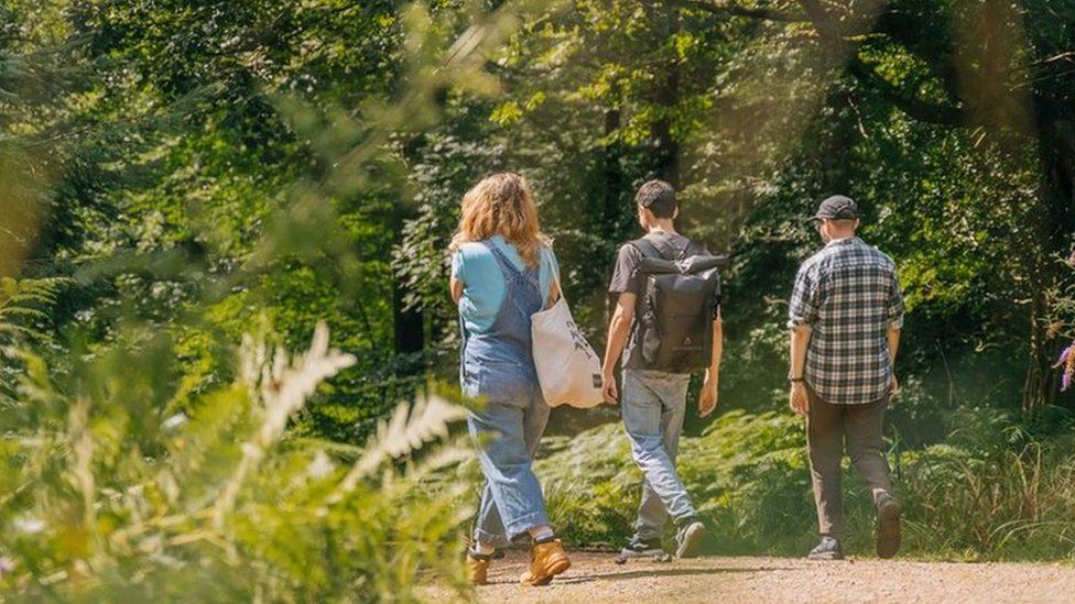 A picture of three people walking down a woodland trail