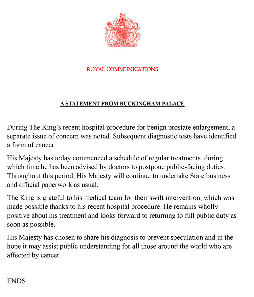 A STATEMENT FROM BUCKINGHAM PALACE