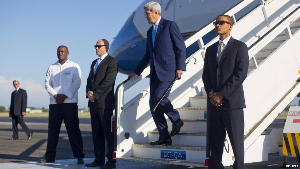 Secretary of State John Kerry arrives at Jose Marti International Airport in Havana, Cuba, on 14 August 2015.