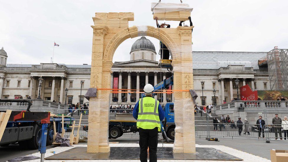 The replica of the Arch of Triumph being constructed in Trafalgar Square