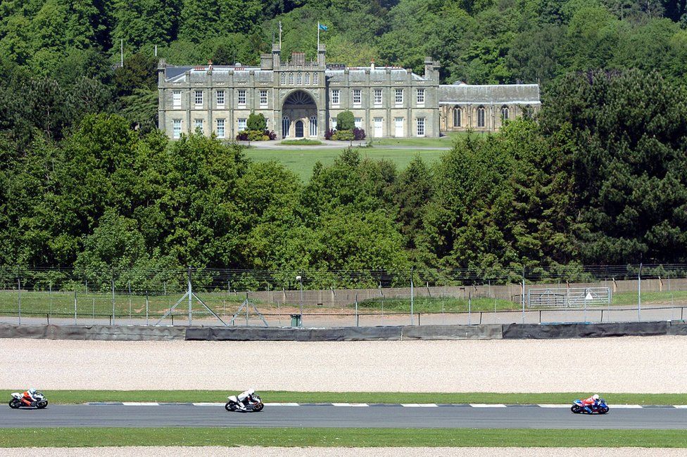 A view of Donington Hall as seen from Donington Park Race Circuit, Castle Donington, May 2019