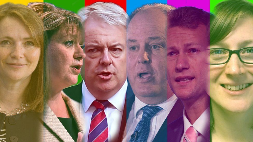 Six Welsh party leaders - Kirsty Williams, Leanne Wood, Carwyn Jones, Andrew RT Davies, Nathan Gill and Alice Hooker-Stroud