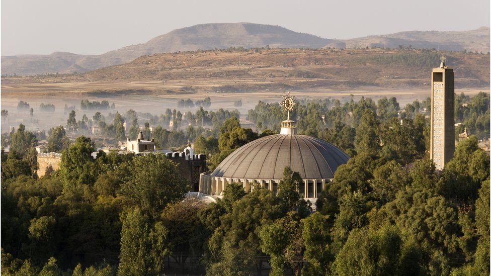 An aerial view of Our Lady Mary of Zion Church and Aksum in Ethiopia