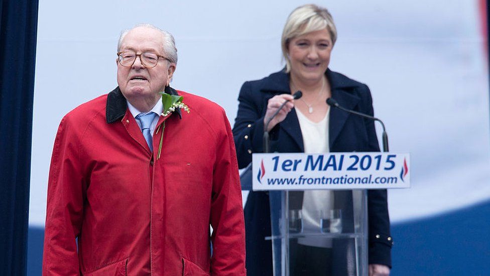 France's far-right political party Front National (FN) founder and honorary president, Jean-Marie Le Pen at an annual rally in 2015