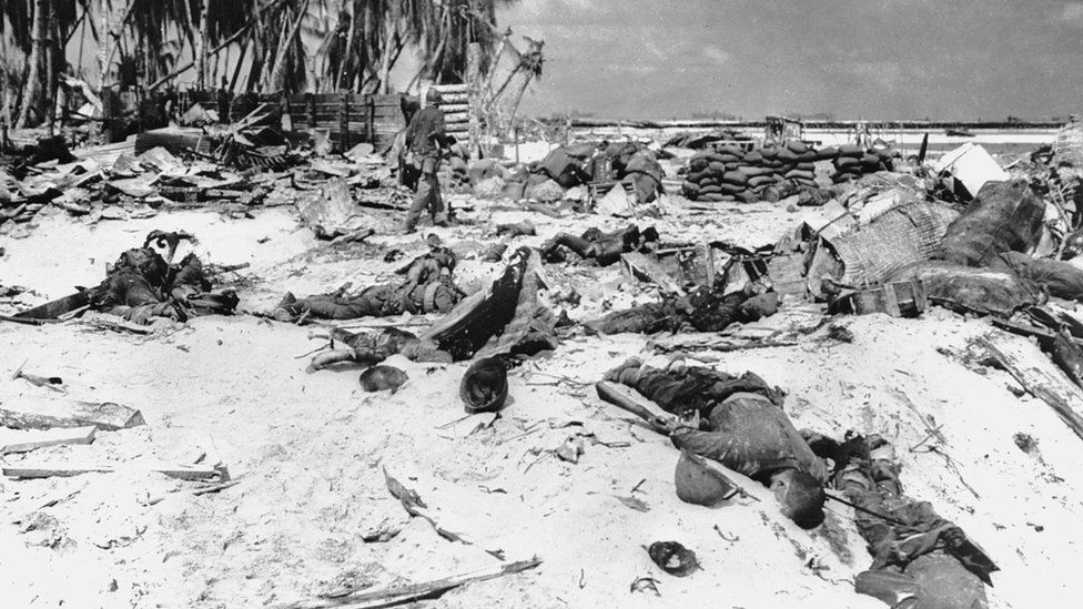 circa 1944: Dead Japanese soldiers on the beach of Tarawa Island in the Gilberts Group, following mopping-up operations by US Marines.