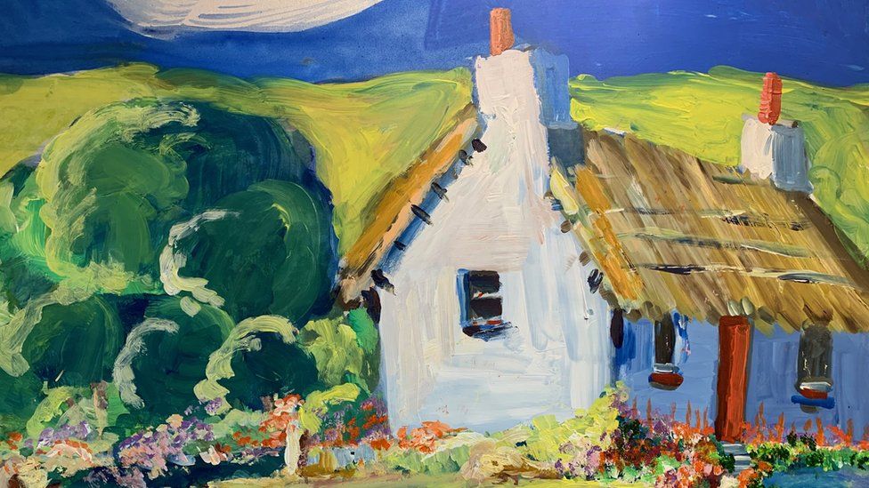 Part of a painting of a traditional Manx thatched cottage