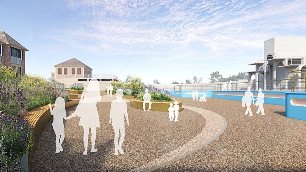 An artist's impression of the view from "poolside" looking across the landscaped lido site towards the historic diving platform