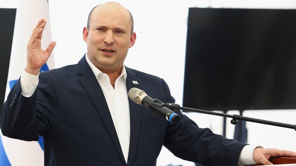 Naftali Bennett speaks at the Jewish settlement of Beit El, in the occupied West Bank (5 April 2022)