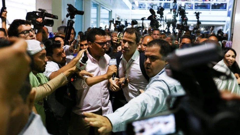 Juan Guaido arrives at the Simon Bolivar international airport in Maiquetia, Venezuela February 11, 2020.