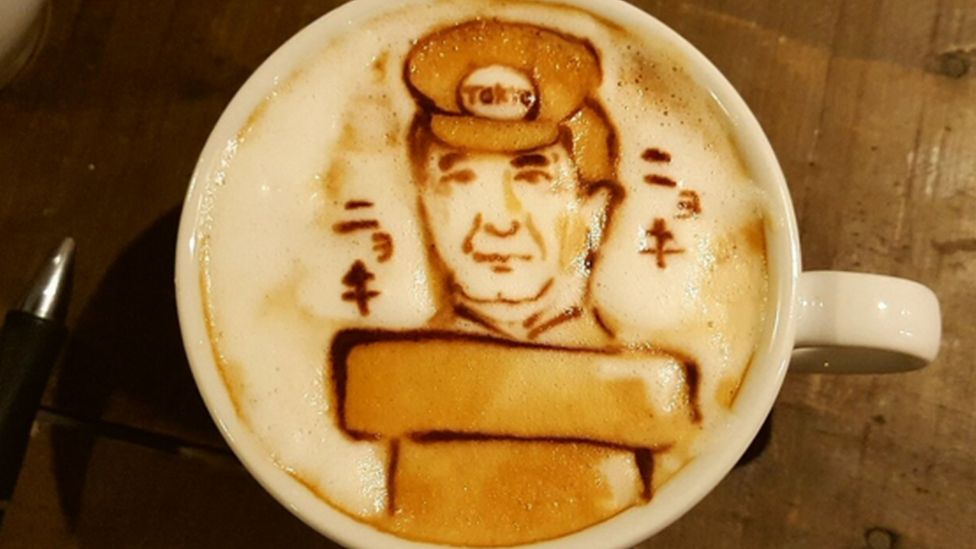 PM Shinzo Abe pictured in a coffee art design