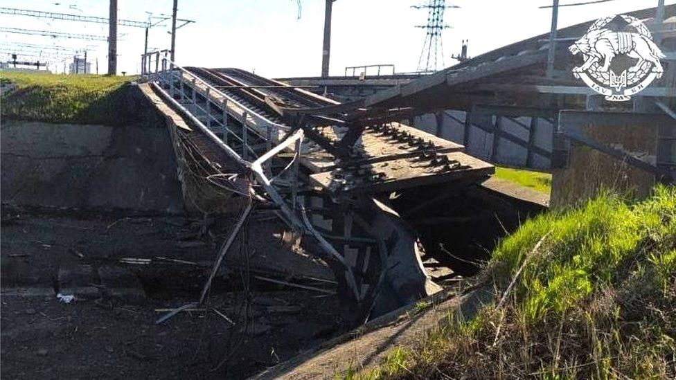 A destroyed bridge near Melitopol, which Russian forces used to transport supplies