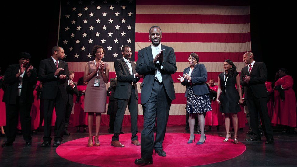 Republican Dr. Ben Carson (C), a retired pediatric neurosurgeon, speaks as he officially announces his candidacy for President of the United States at the Music Hall Center