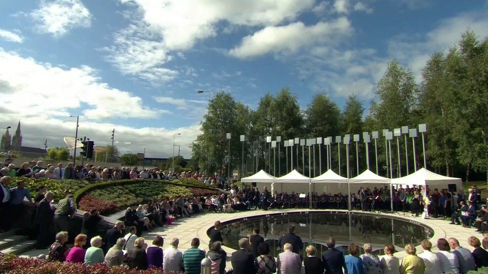 Crowds have gathered at Omagh's Memorial Garden for the ceremony