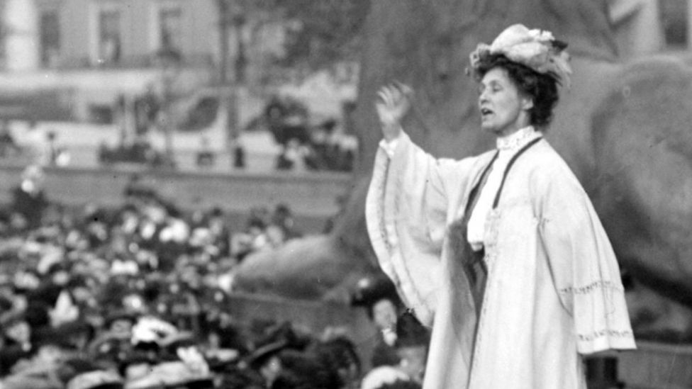 Emmeline Pankhurst giving a speech at London's Trafalgar Square in 1908