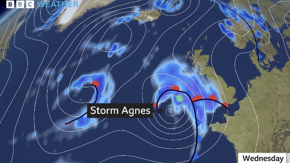 Meteorological synoptic chart showing a deep area of low pressure known as storm Agnes