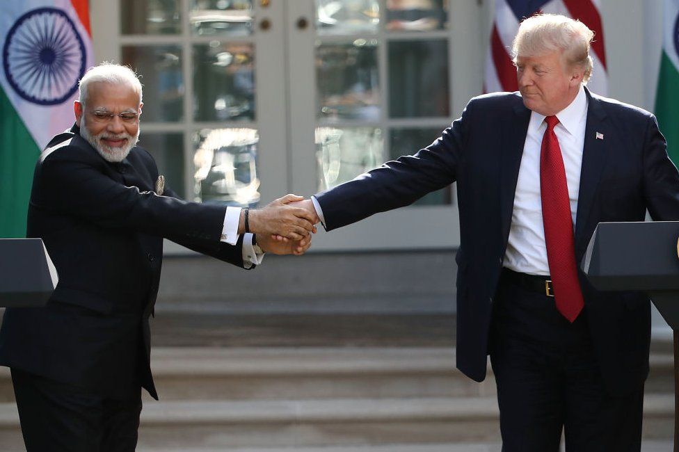 U.S. President Donald Trump and Indian Prime Minister Narendra Modi shake hands while delivering joint statements in the Rose Garden of the White House June 26, 2017