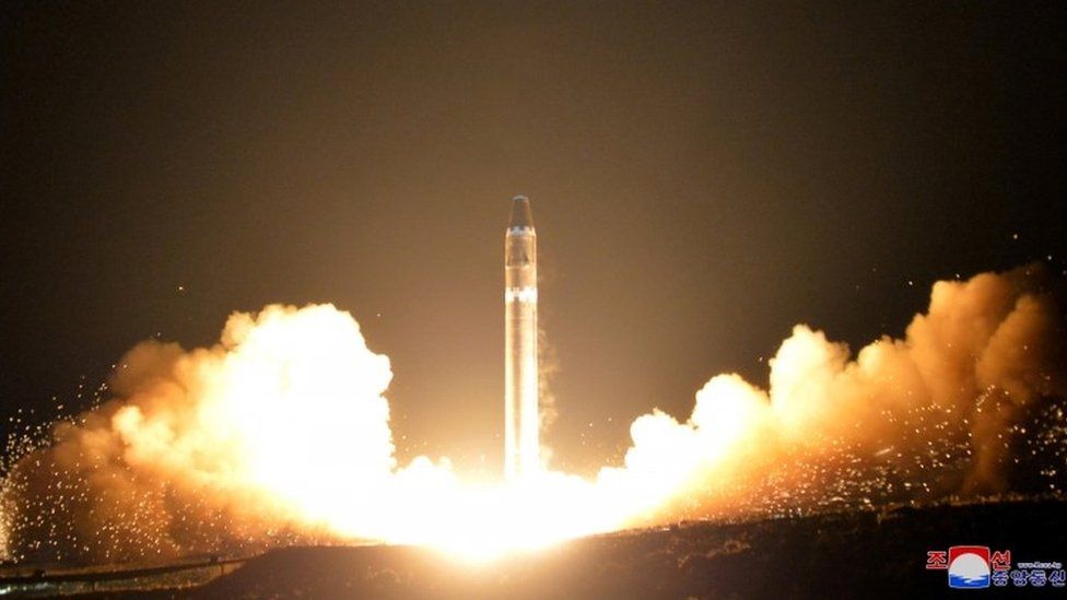 A view of the newly developed intercontinental ballistic rocket Hwasong-15"s test in Pyongyang on 30 November 2017.