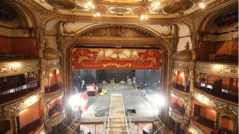 Scaffold and building material inside the Grand Opera House auditorium