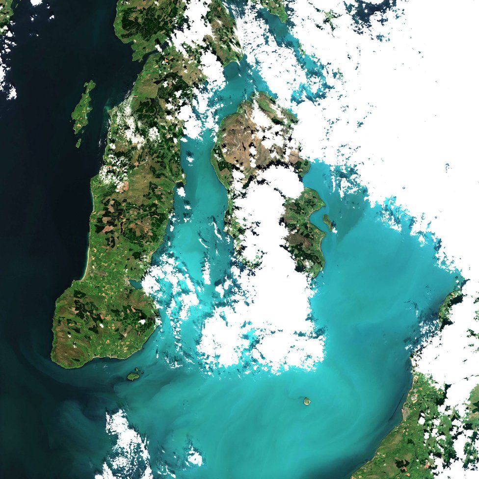 More on the turquoise algal bloom in the Clyde: my NEODAAS colleagues produced this spectacular 10m resolution image from #Sentinel2, 21 Jun 2021, true colour. Non-toxic chalky coccoliths from an usually-sited Ehux bloom
