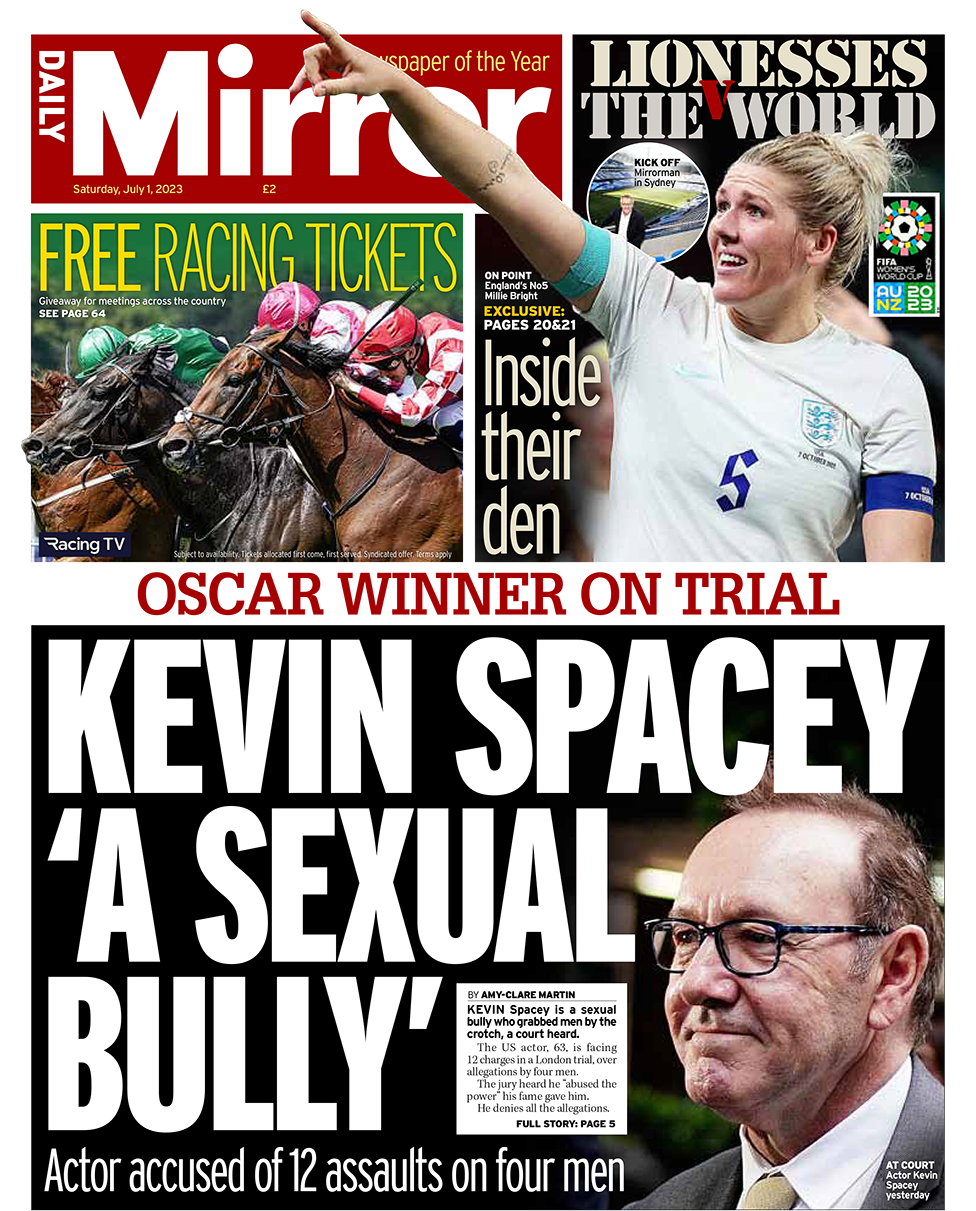 The headline in the Daily Mirror reads: "Kevin Spacey 'A sexual bully'"