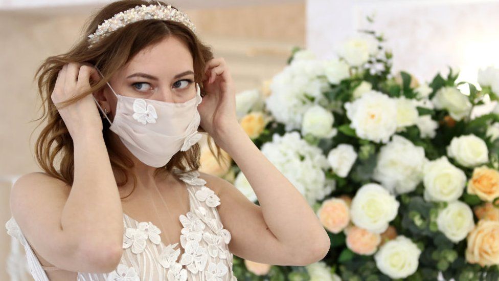 Bride wearing a mask