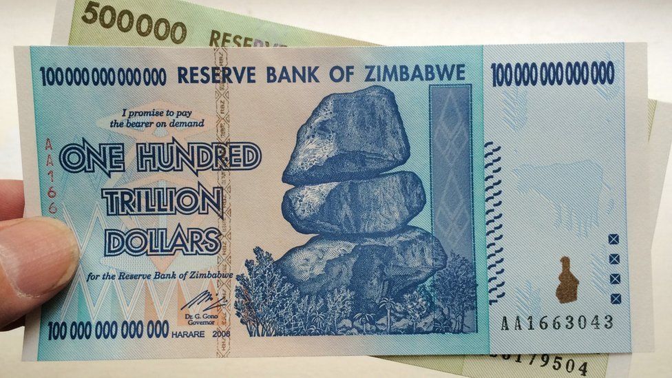 Zimbabwe 100 trillion and 500 thousand dollar banknotes