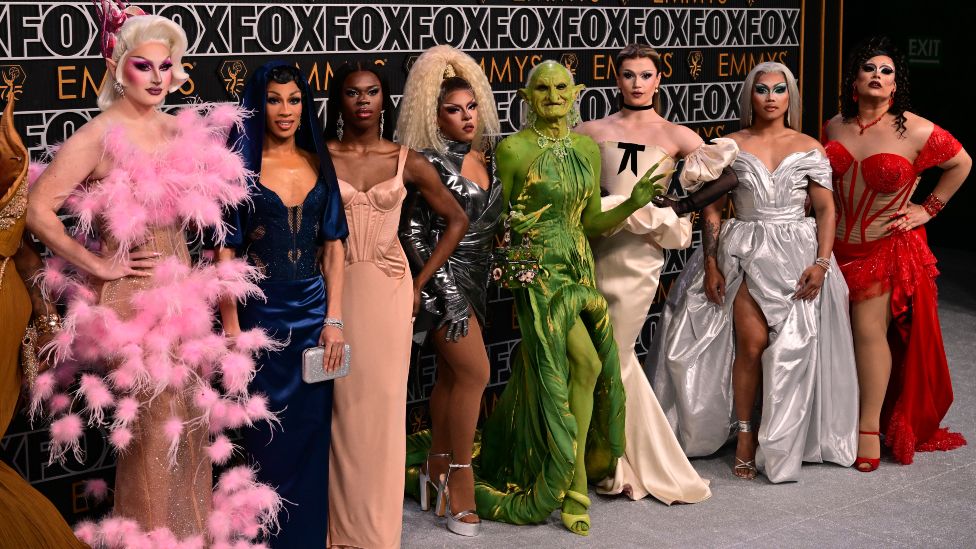Drag artists from Rupaul's Drag Race arrive for the 75th Emmy Awards at the Peacock Theatre at L.A. Live in Los Angeles on January 15, 2024.