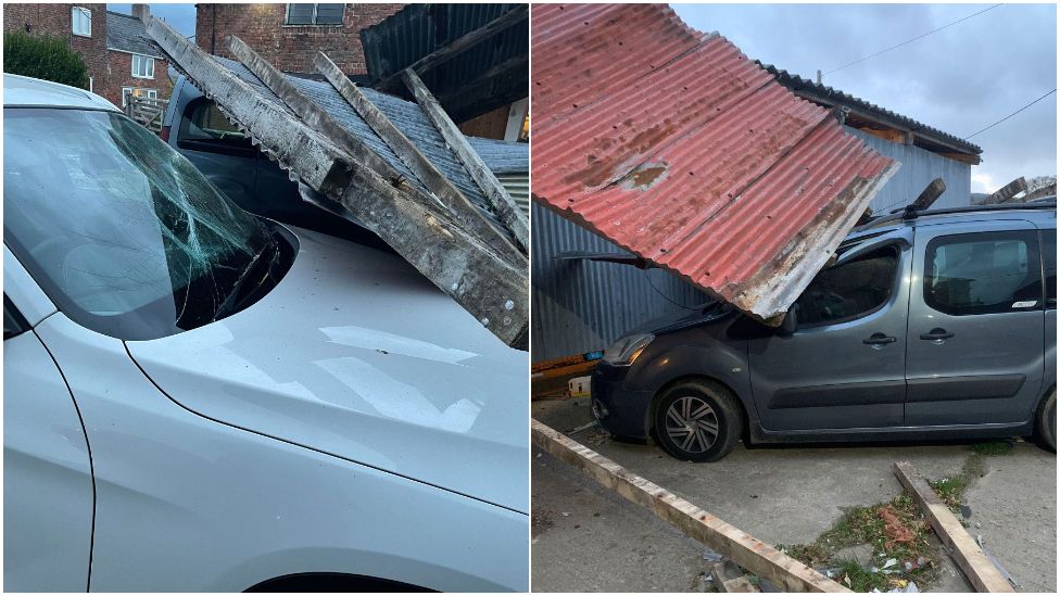 Shed roof damages two cars