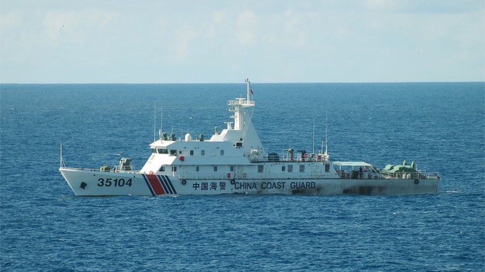 hand out picture released by the Japan Coast Guard on August 6, 2016 shows the China coast guard ship 35104 sailing near the waters of disputed East China Sea islands.
