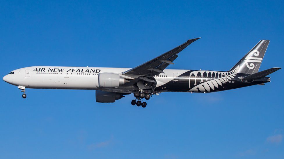 Air New Zealand Boeing 777 specifically Boeing 777-319(ER) with registration ZK-OKR is landing at London Heathrow International Airport in The UK