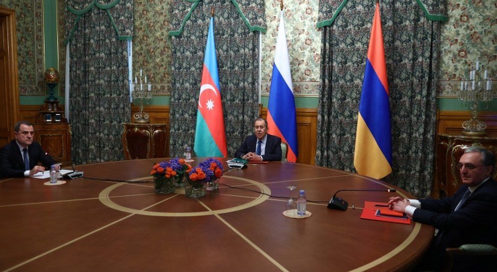 (L-R) Azerbaijan's Foreign Minister Jeyhun Bayramov, Russian Foreign Minister Sergei Lavrov and Armenian Foreign Minister Zohrab Mnatsakanyan during trilateral talks