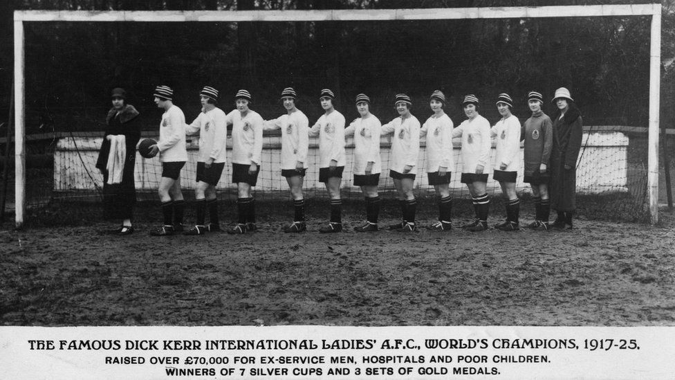 Dick Kerr Ladies, World Champions 1917-25. Lily Parr holding the ball