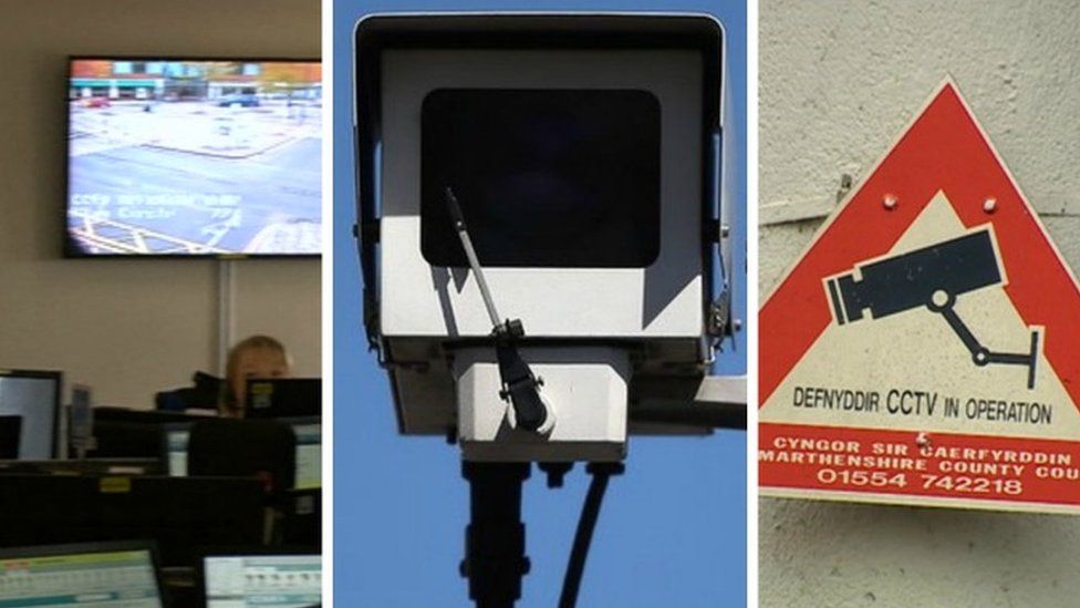 The CCTV control room, a CCTV camera and a CCTV camera warning sign