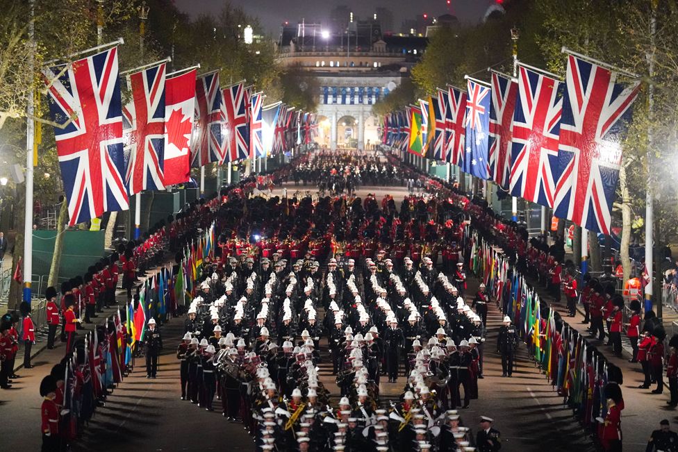 A night time rehearsal in central London for the Coronation.