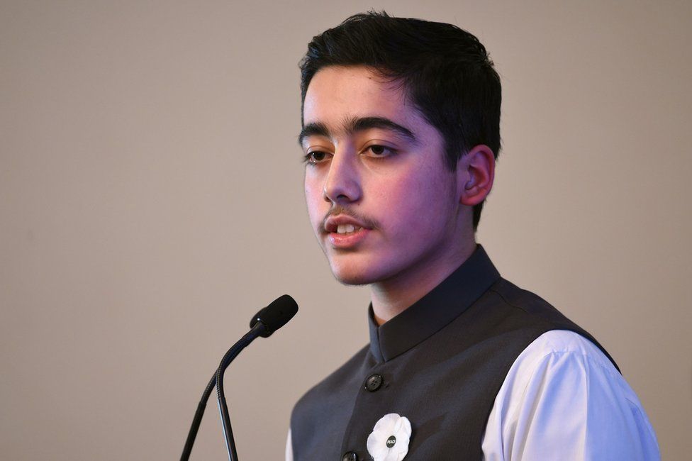 Ahmad Nawaz, who was shot in the arm during the Taliban attack on the Army Public School in Peshawar, Pakistan gives an eye witness account as he attends the Poppies for Peace in Peshawar event in Birmingham